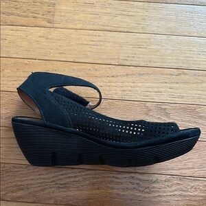 Clarks Black Wedge Sandals with Perforated Design